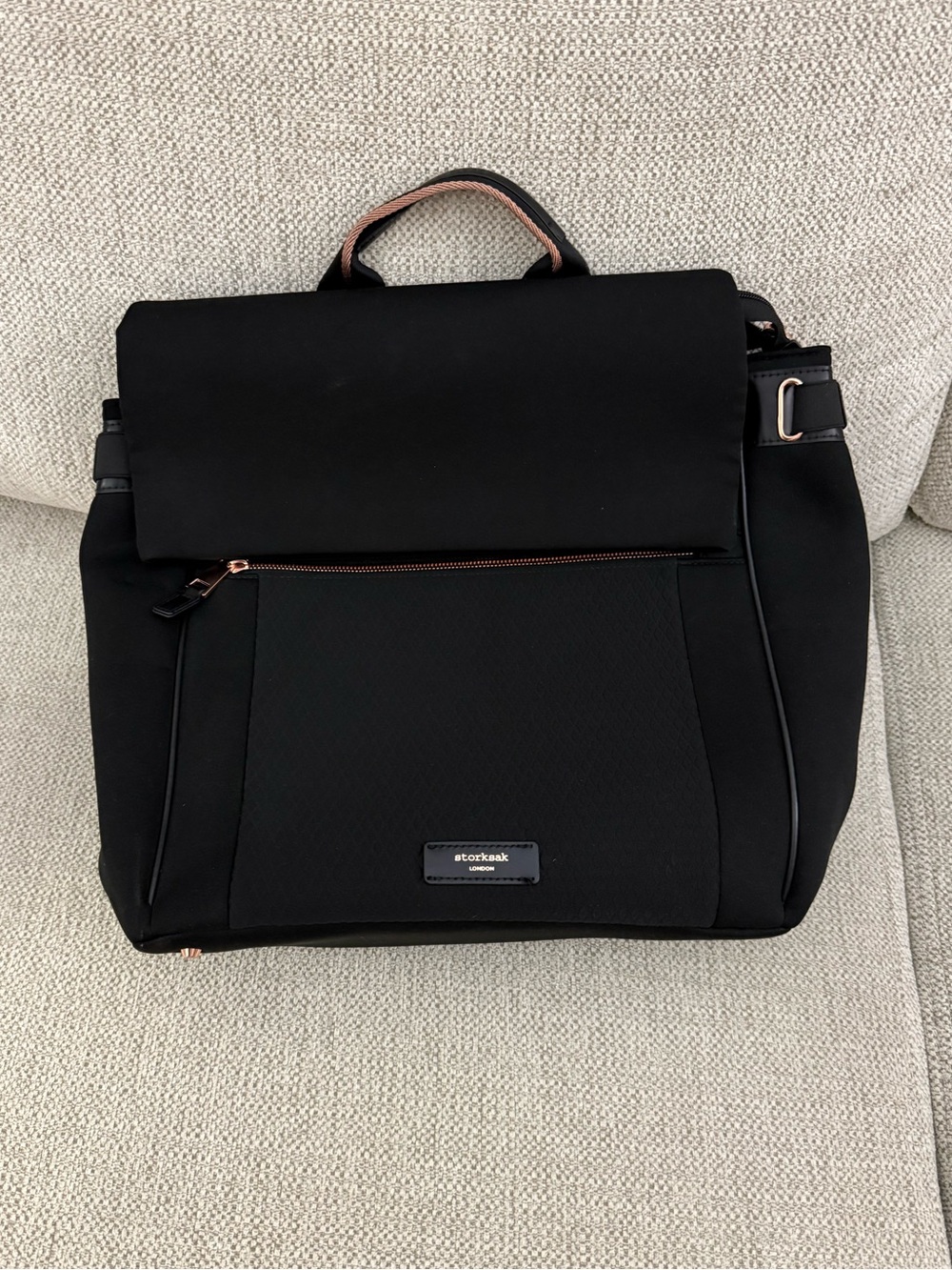 Storksak Black Diaper Bag Backpack Tote with Rose Gold Hardware